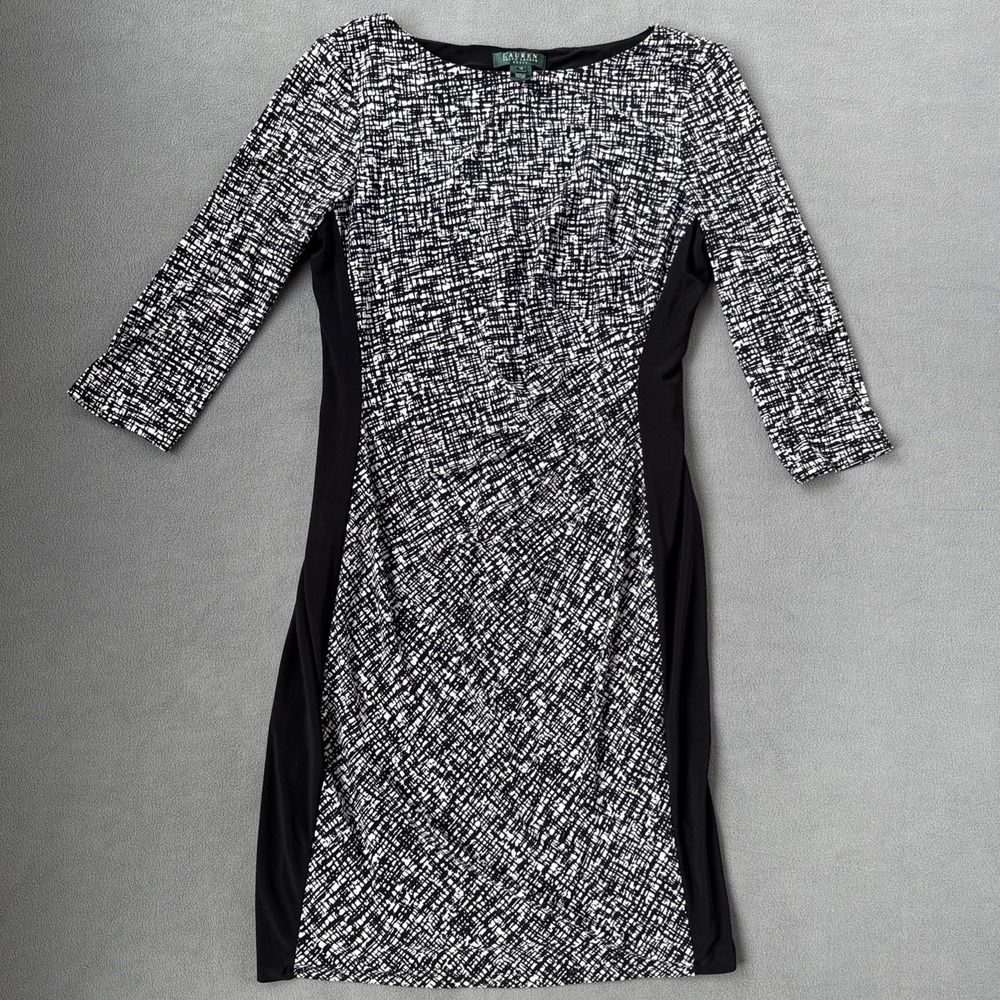 Lauren Ralph Lauren Dress Womens 12 Black White Sheath Stretch 3/4 Sleeve Career